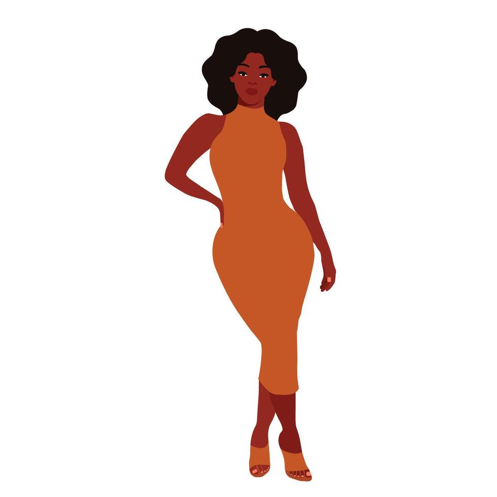 Stylish black woman in elegant bodycon dress vector
