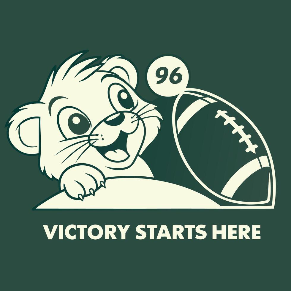 a cartoon lion holding a football ball and saying victory starts here vector