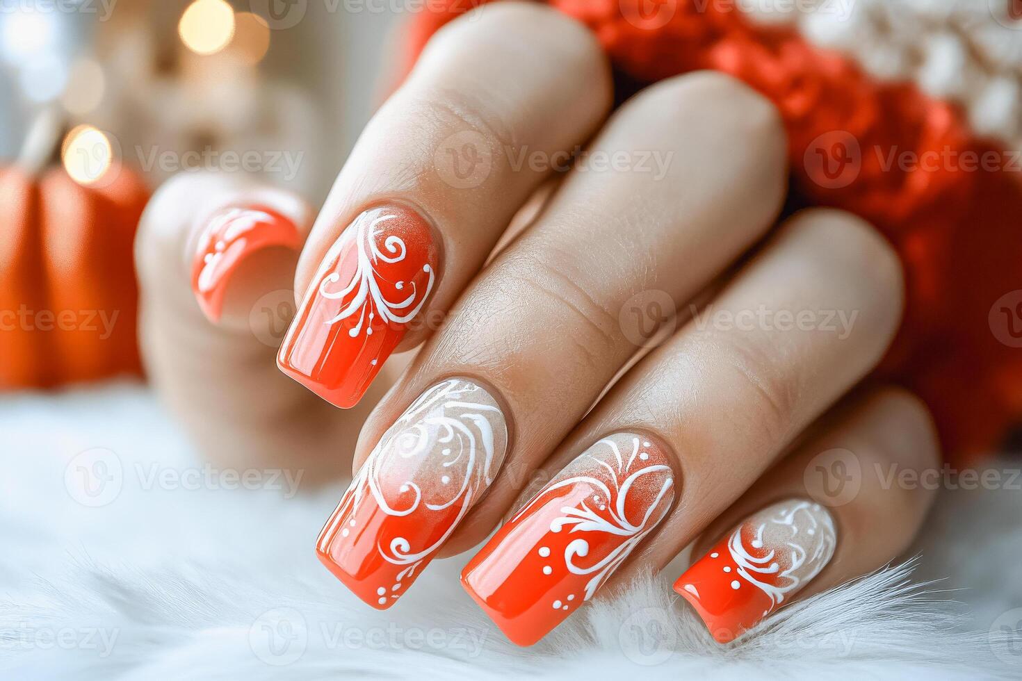 Elegant french manicure on hands with intricate white swirl design for salon artistry photo