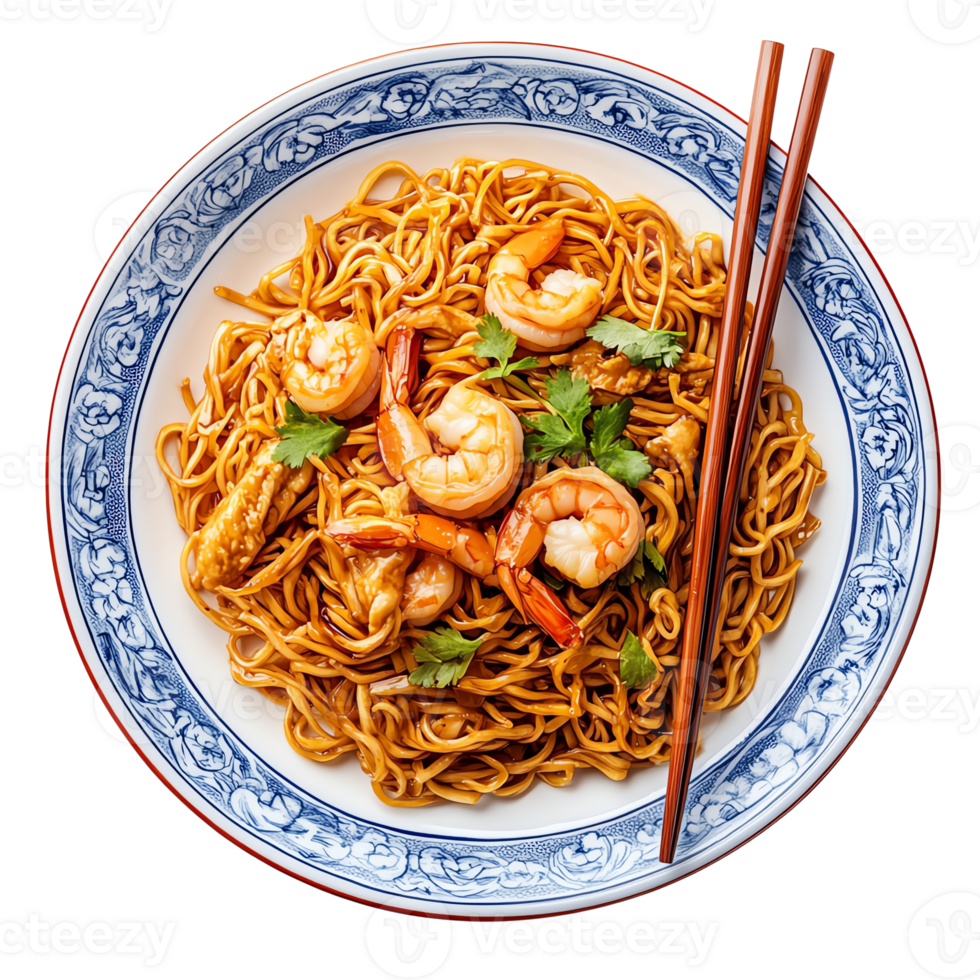 Shrimp noodles on blue-patterned plate with chopsticks,isolate background png