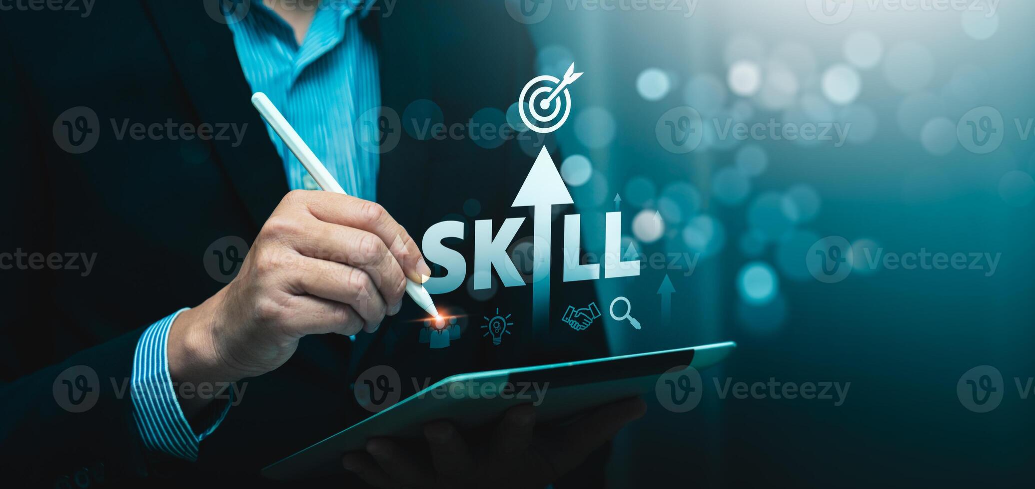 Professional Skill Development Concept with Digital Tools, with emotional intelligence, creativity, collaboration, adaptability, decision making and analytical thinking, Growth photo