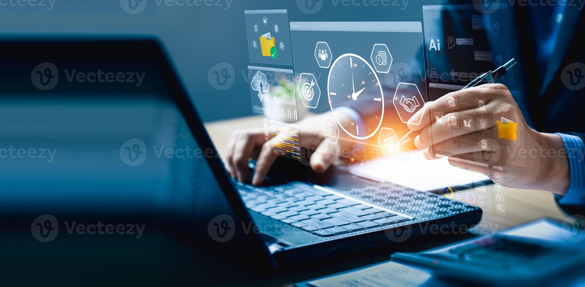 Professional Strategically Using Virtual Dashboard and Digital Pen on Laptop for Time Management, Task Organization, Business Data Analysis, Featuring Advanced Analytics and Goal Tracking Technology photo