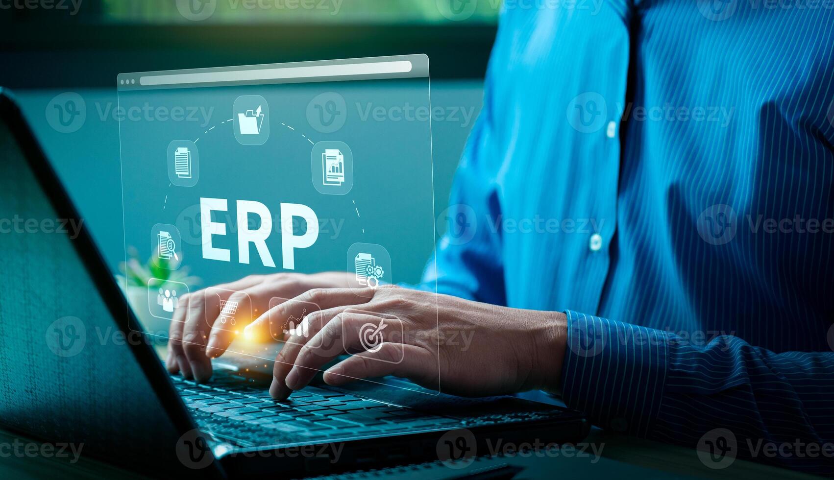 Businessman Using ERP Software System on Virtual Interface, Integrating Business Processes and Data Management Solutions for Efficient Workflow, ERP data icon to analyze marketing photo