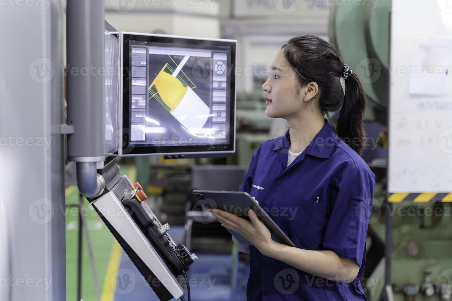 Asian woman industrial engineer wearing uniform using a tablet checking automated machinery in industrial workshop. photo
