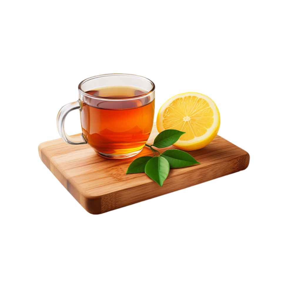 Chopping board with lemon tea on transparent background png