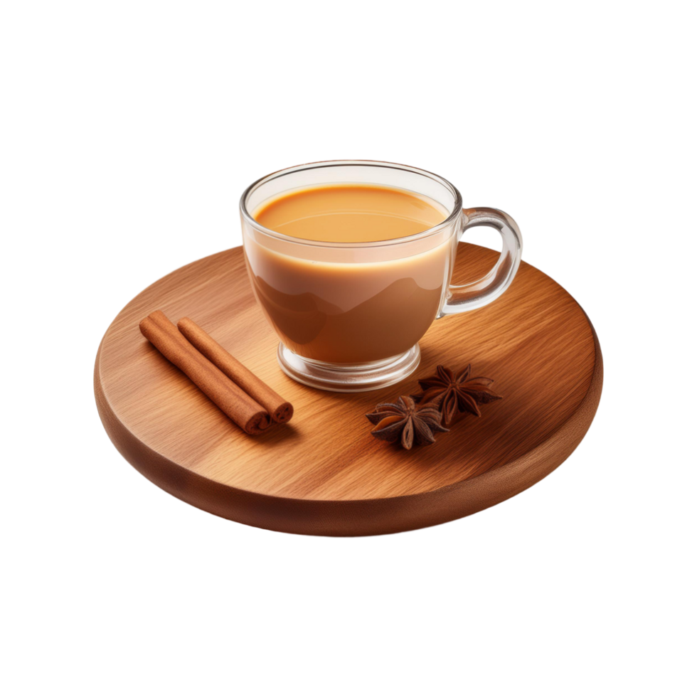 Wooden chopping board with cinnamon tea on transparent background png