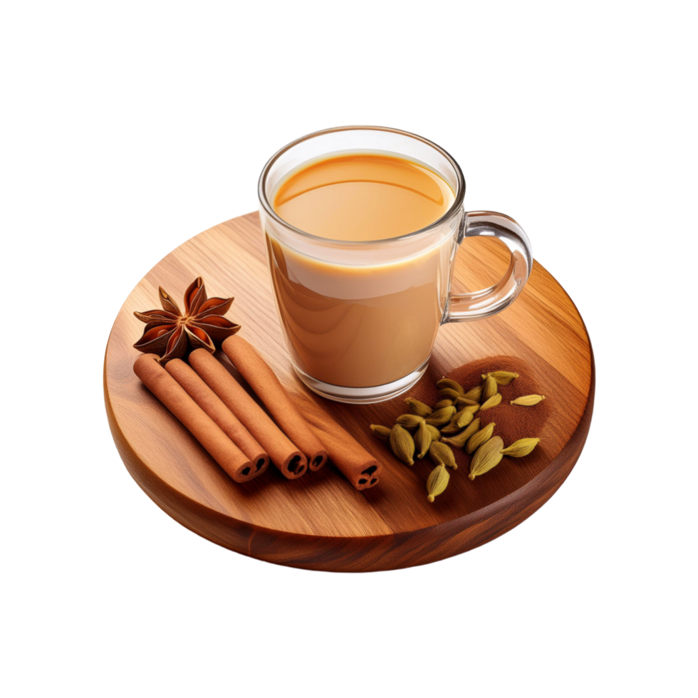 Chopping board with cup of cinnamon tea on transparent background png