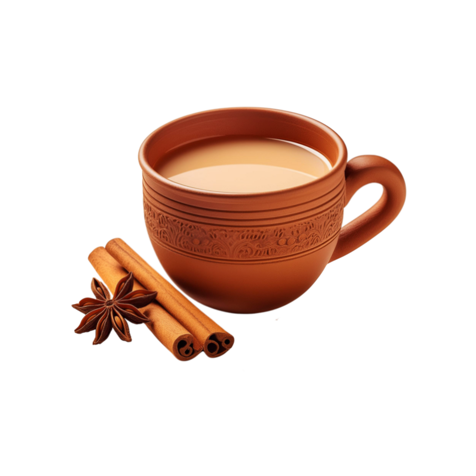 Realistic clay cup of masala tea on transparent background png
