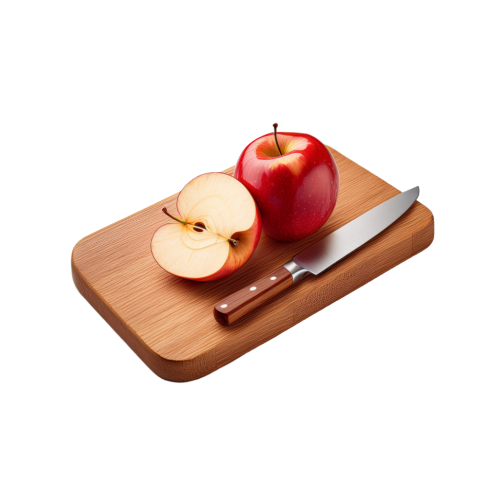 Chopping board and knife with red apple with slice on transparent background png