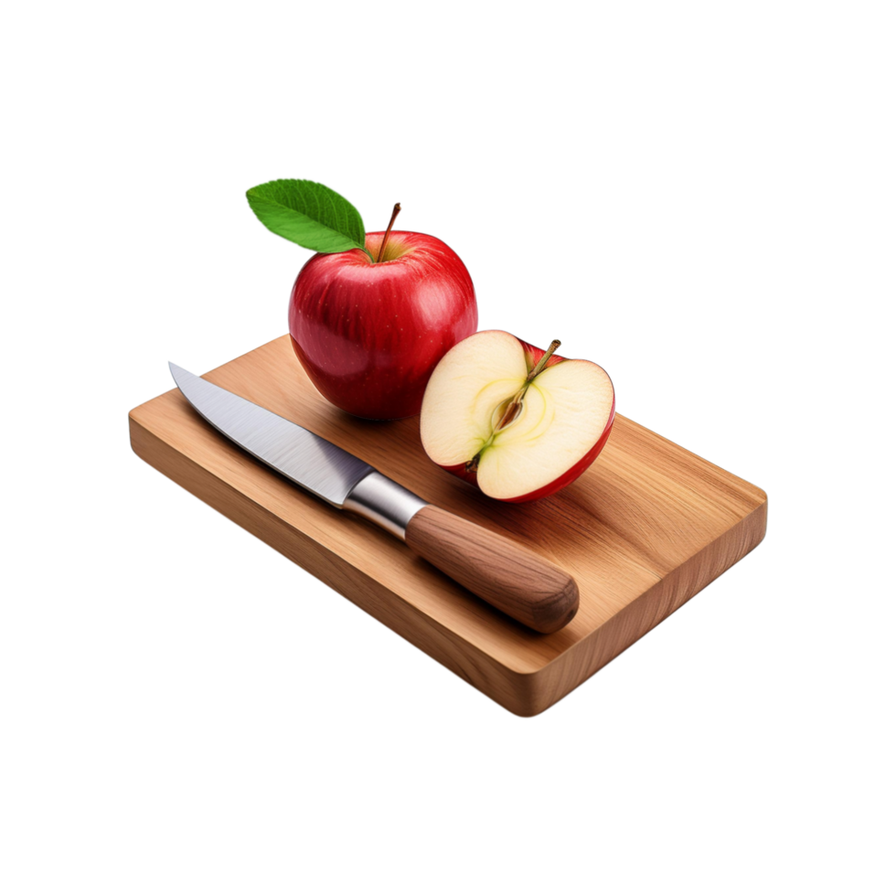 Chopping board and knife with red apple fruit with slice on transparent background png