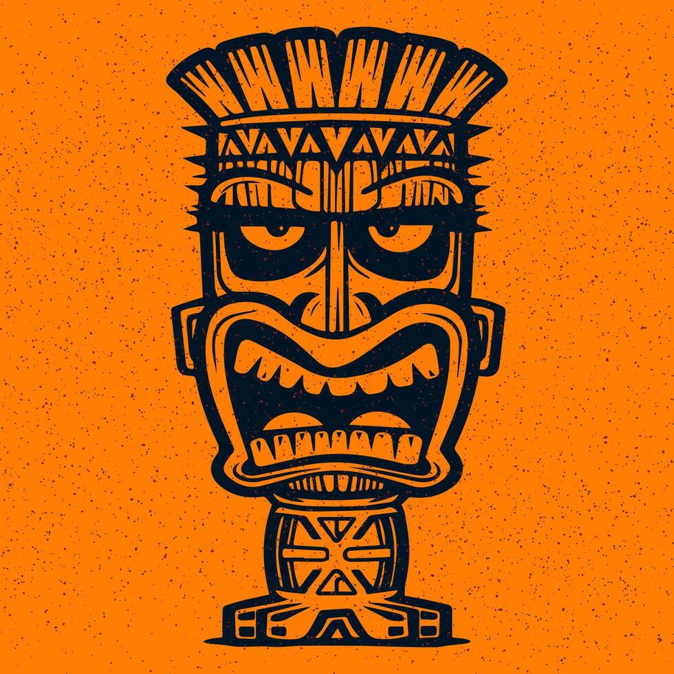 Tiki statue with intricate carvings and bold expression on vibrant orange background vector