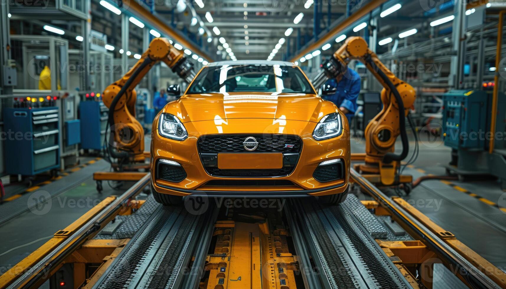 Yellow Car Moves Along Automated Assembly Line photo