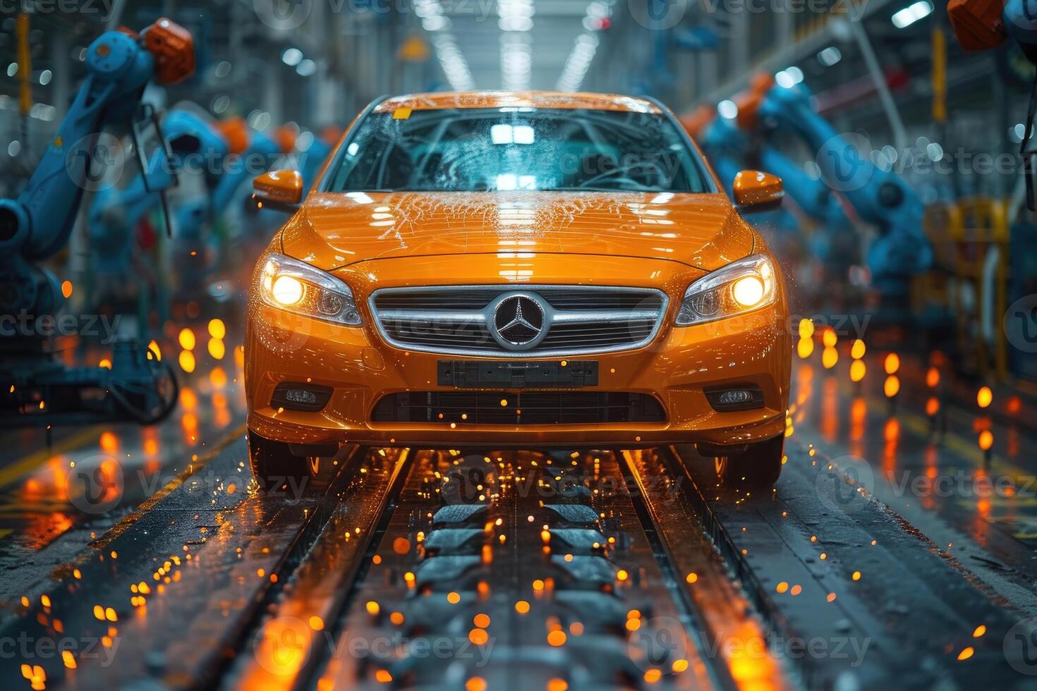 Orange Car Moving Through Automated Factory Assembly Line photo