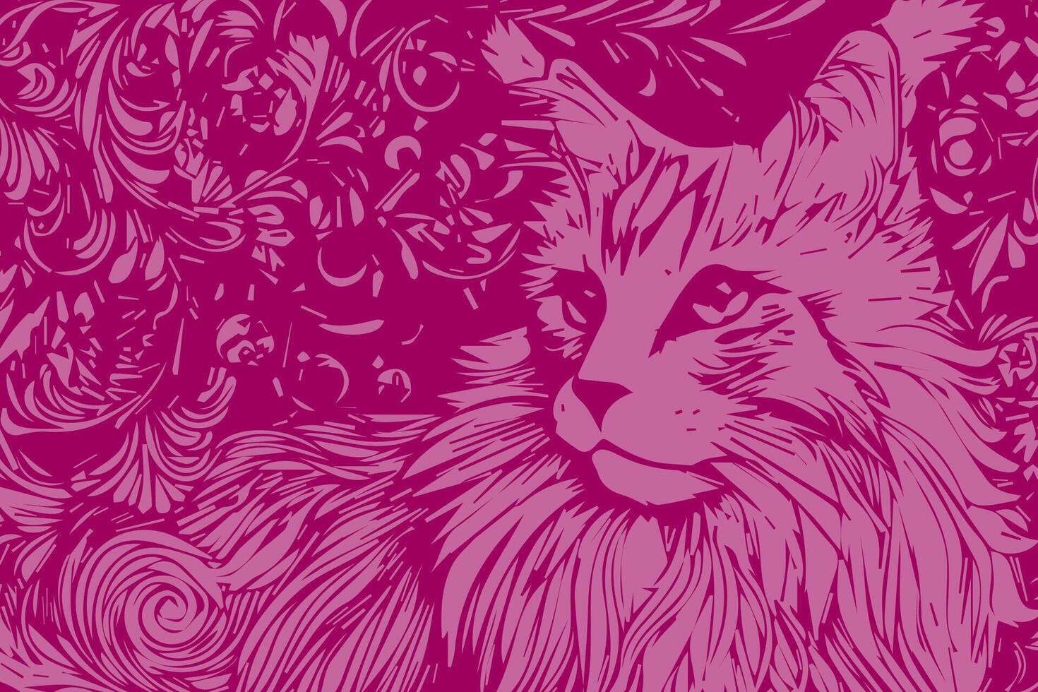 Artistic illustration of a cat surrounded by floral patterns and swirls in vibrant pink tones vector