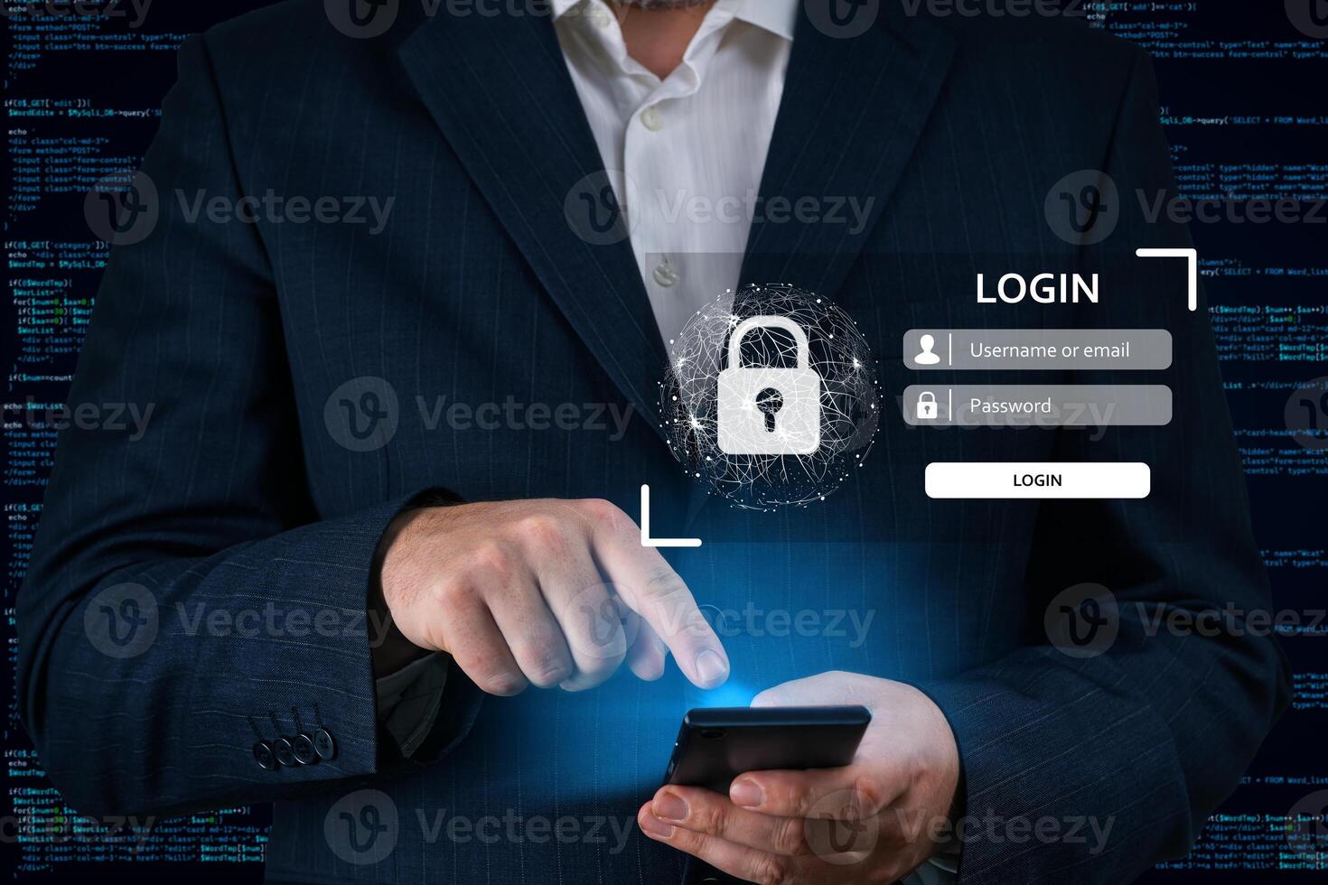 Login using digital device. Man hand using online banking. E-commerce, Online security payment concept. Network security of internet access into router with futuristic icon photo