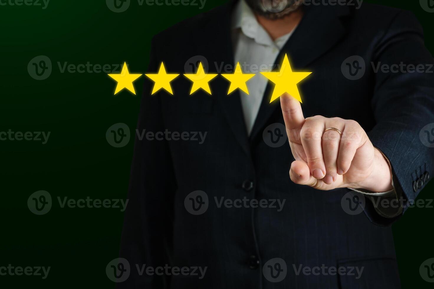 Five stars testimonial. Customer review good rating concept hand pressing five star on digital device screen. Customer feedback testimonial. photo