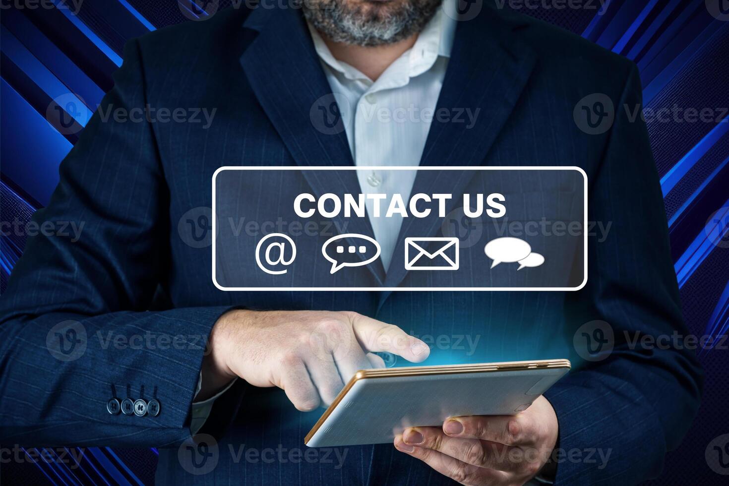 Contact us or Customer support. Businessman using tablet with email, call phone, mail, chat icons. Contact us, landing page, background photo