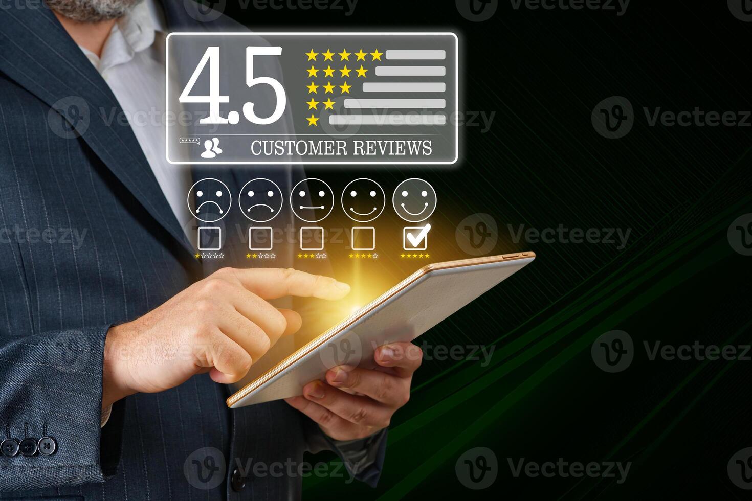 Testimonials from successful businessman. Businessman using digital device for feedback review satisfaction service. Customer review good rating concept. business satisfaction survey and testimonial. photo