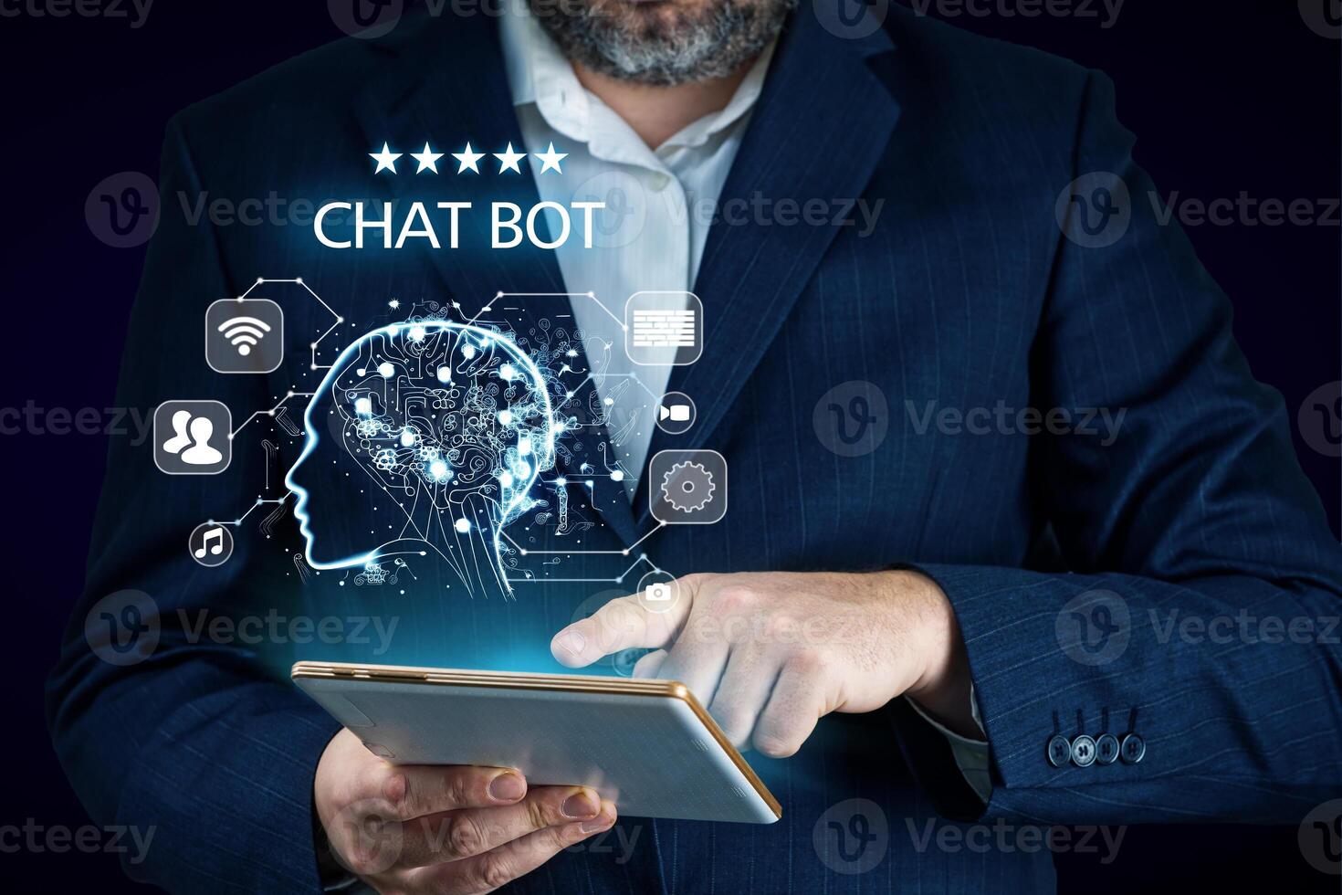 Artificial intelligence, AI chat bot concept. Businessman hands using tablet. ai chatbot infographic. Online Chatting Communication Business Internet Technology Concept photo