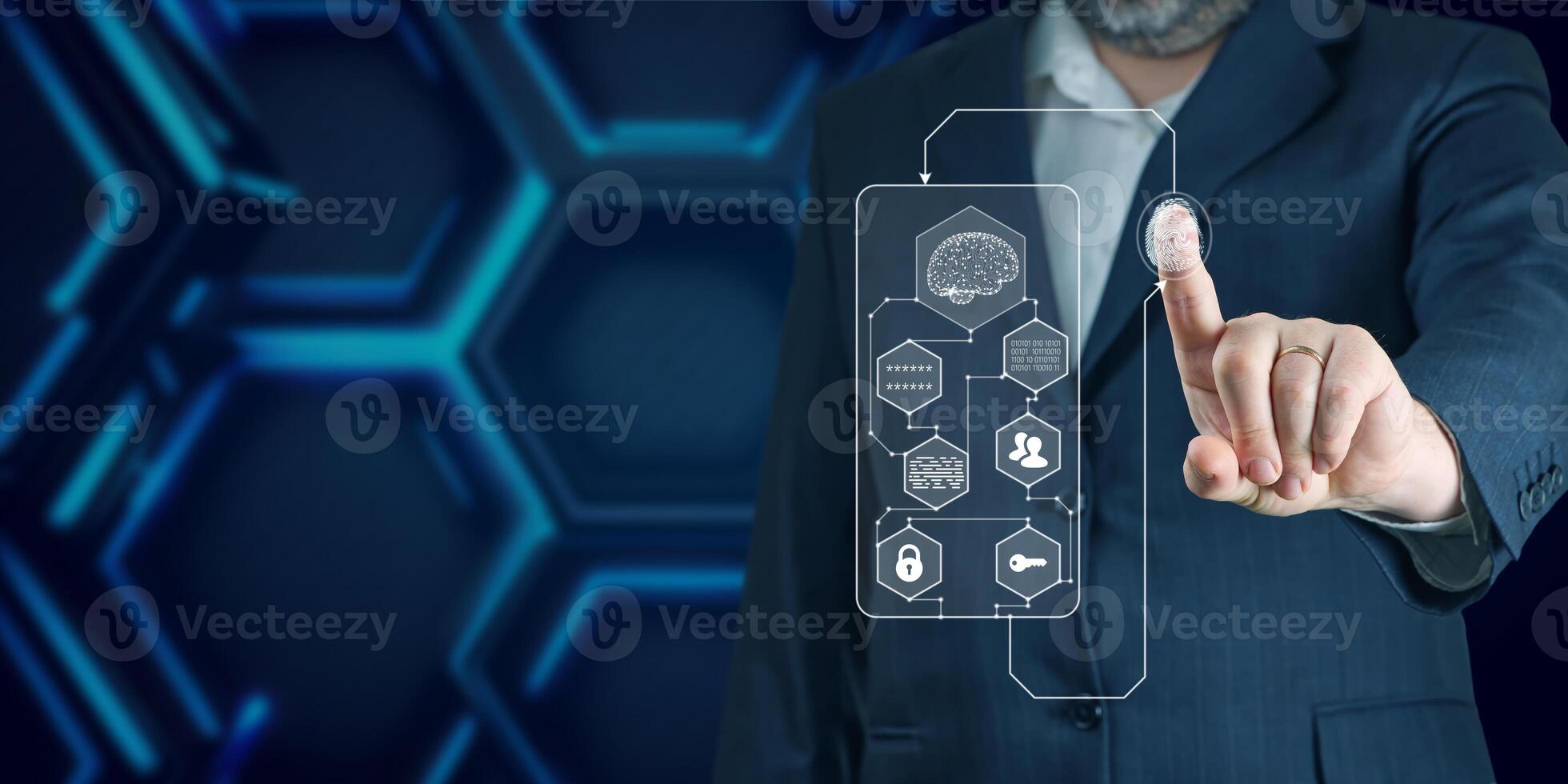 AI in Biometrics and Security. Businessman using fingerprint to get access through ai. Concept cyber security safe your data. photo