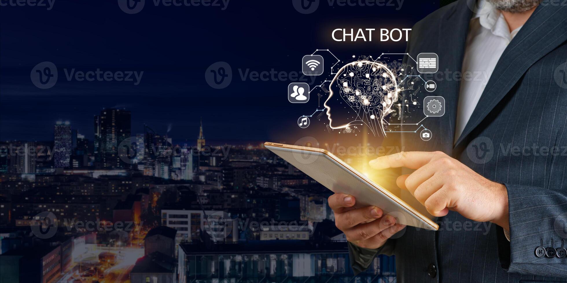 Artificial intelligence, AI chat bot concept. Businessman hands using tablet. ai chatbot infographic. Online Chatting Communication Business Internet Technology Concept photo