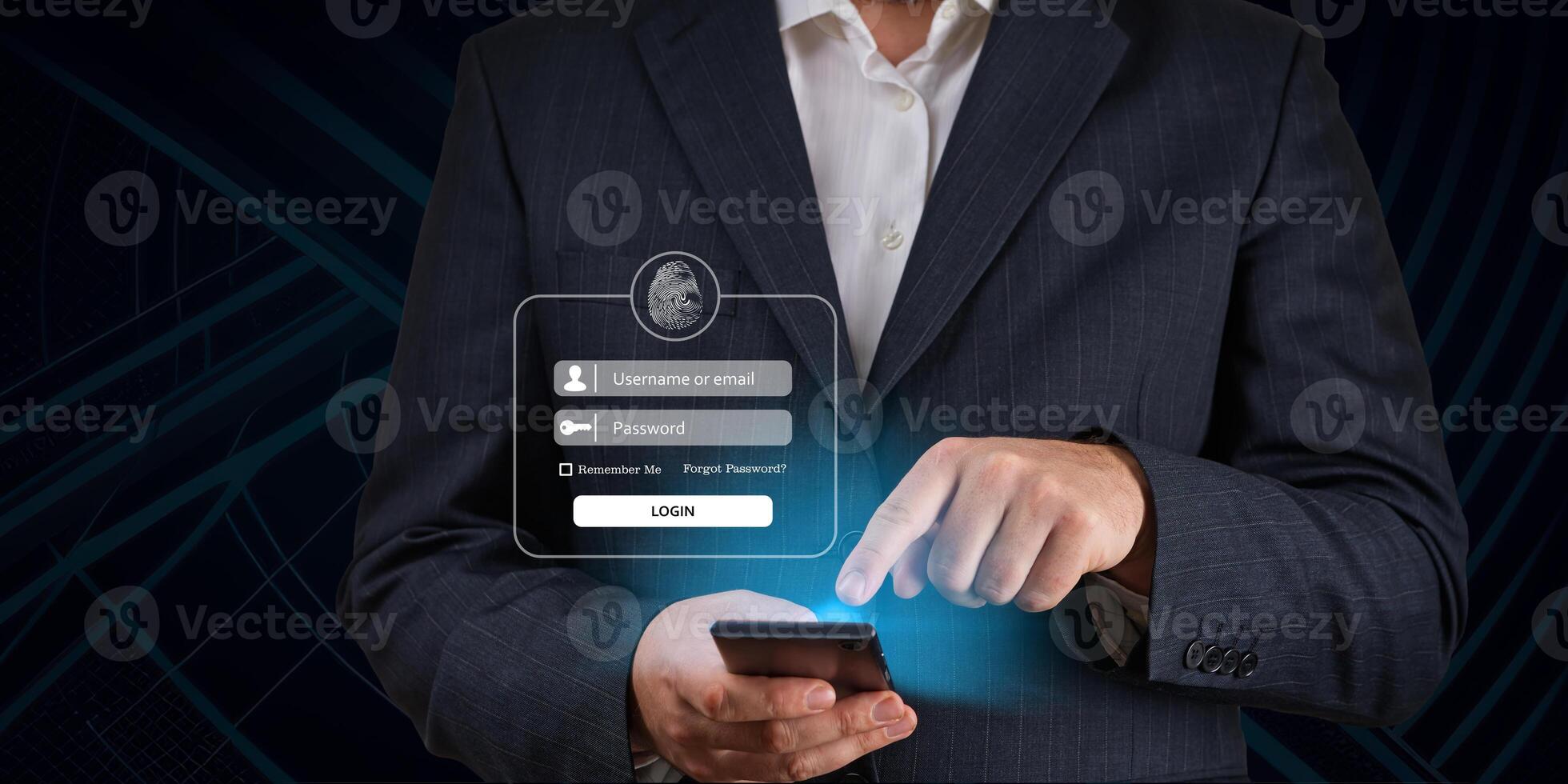 Businessman login using his smartphone. Using mobile phone to type user and passwords for login. Concept of Cyber security for internet access to financial applications photo