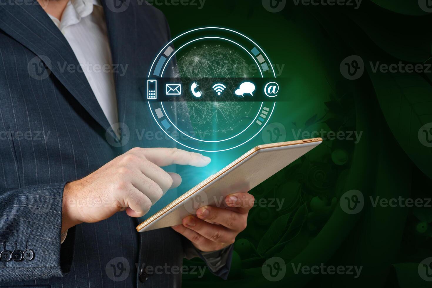 Contact us or Customer support. Businessman using tablet with email, call phone, mail, chat icons. Contact us, landing page, background photo