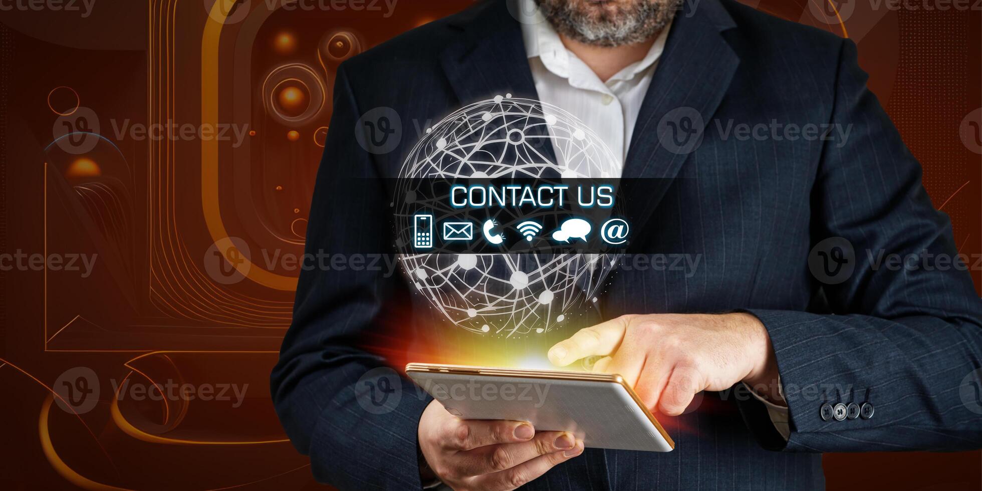 Contact us or Customer support. Businessman using tablet with email, call phone, mail, chat icons. Contact us, landing page, background photo