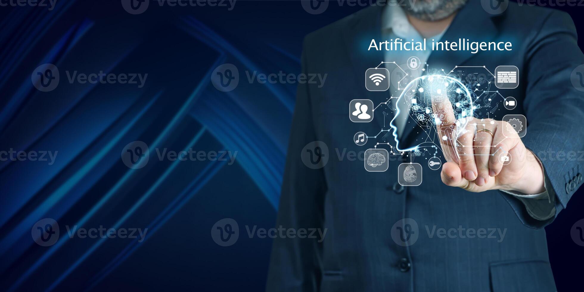 AI, Artificial Intelligence in smartphone. Chat bot interface, Futuristic technology robot in online. Software engineer using mobile by id touch on screen, coding with technology background photo