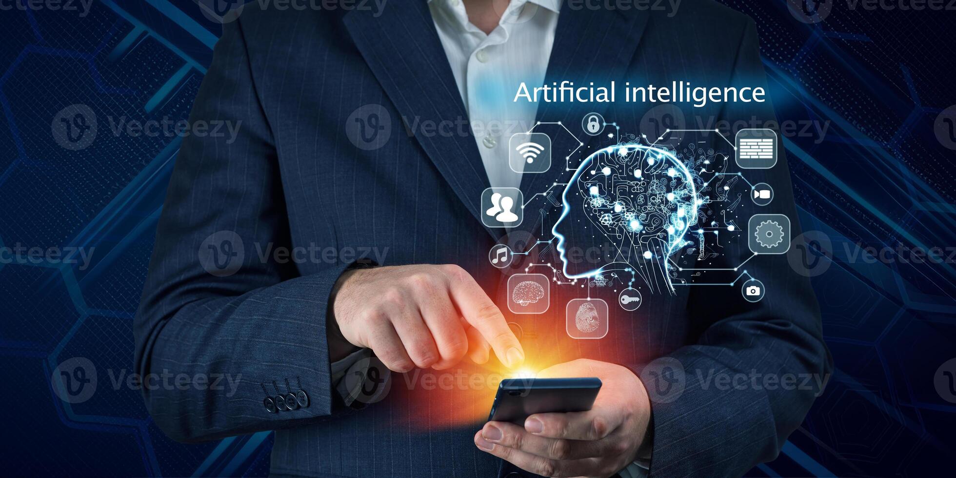 AI, Chat bot and future marketing concept, businessman hand holding cellphone, smartphone with ai infographic. Artificial intelligence concept photo