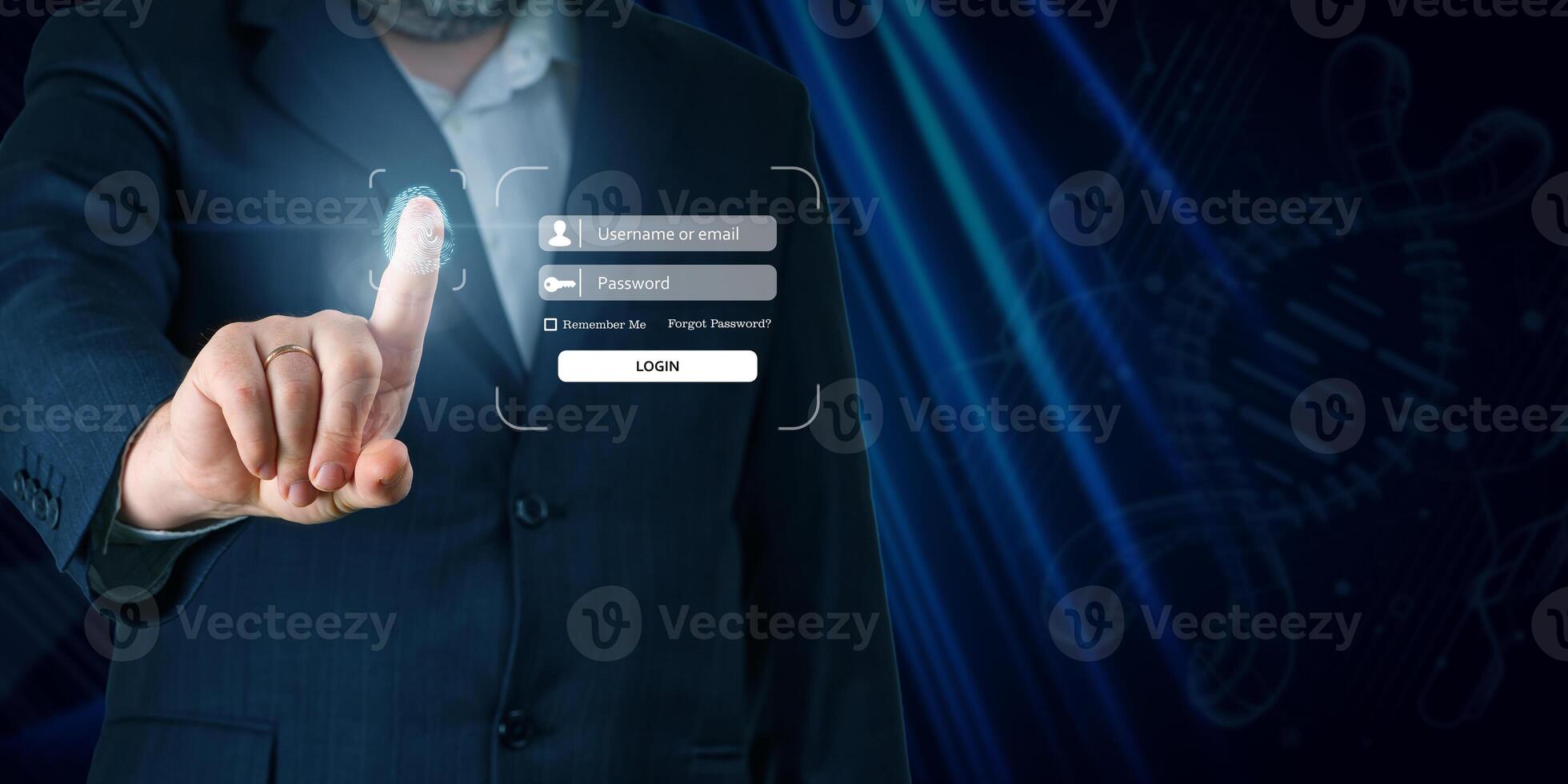 Businessman hand and infographic, finger touching screen to login. Enter Username, Password for Login using touchscreen. Online Security concept photo