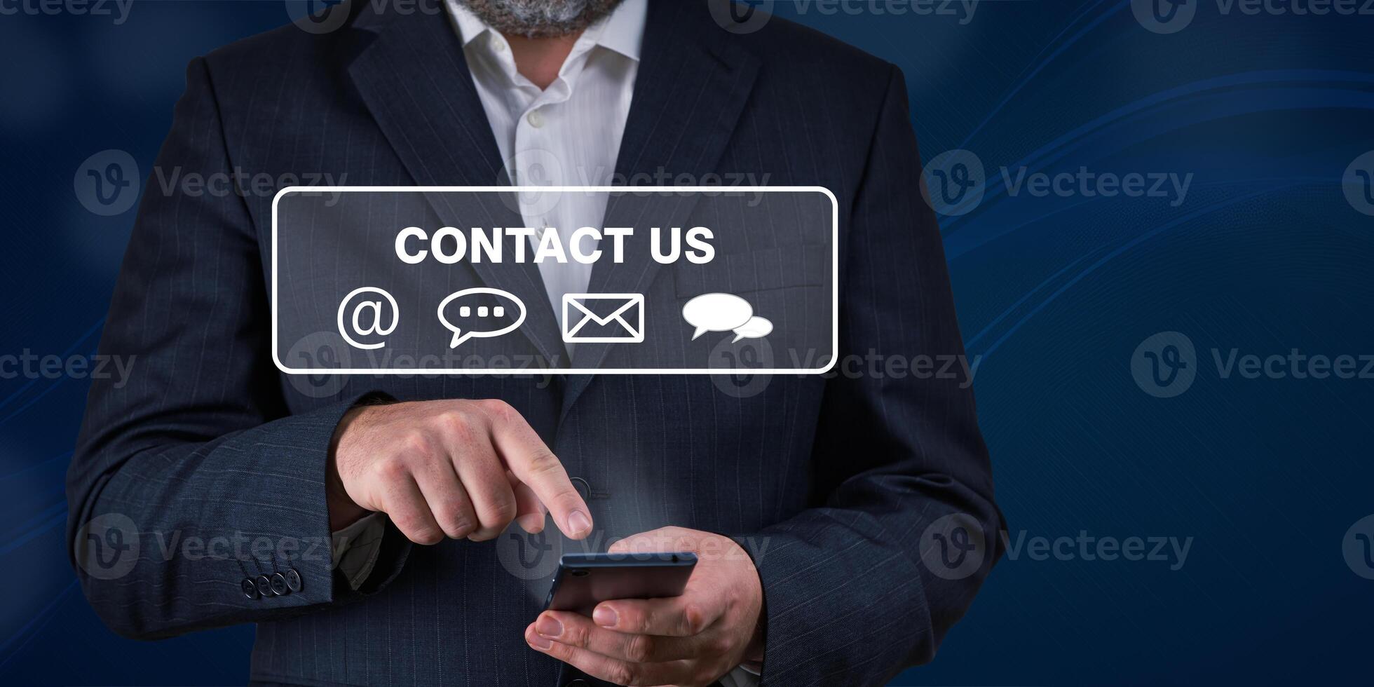 contact us concept using smartphone website. Businessman holding mobile smartphone with icons. mail, phone, email. Cutomer support concept photo