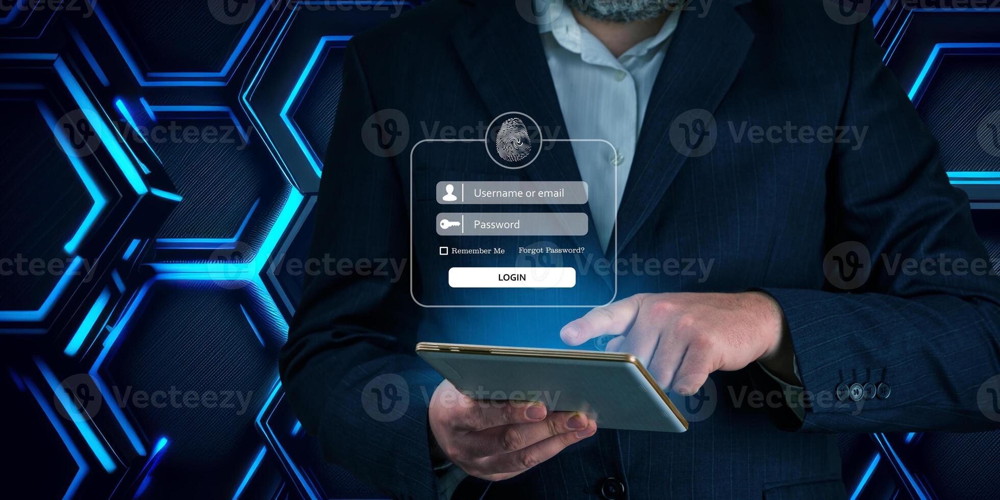 Login using digital device concept. Man hand using online banking. E-commerce, Online security payment concept. Network security of internet access into router with futuristic icon photo