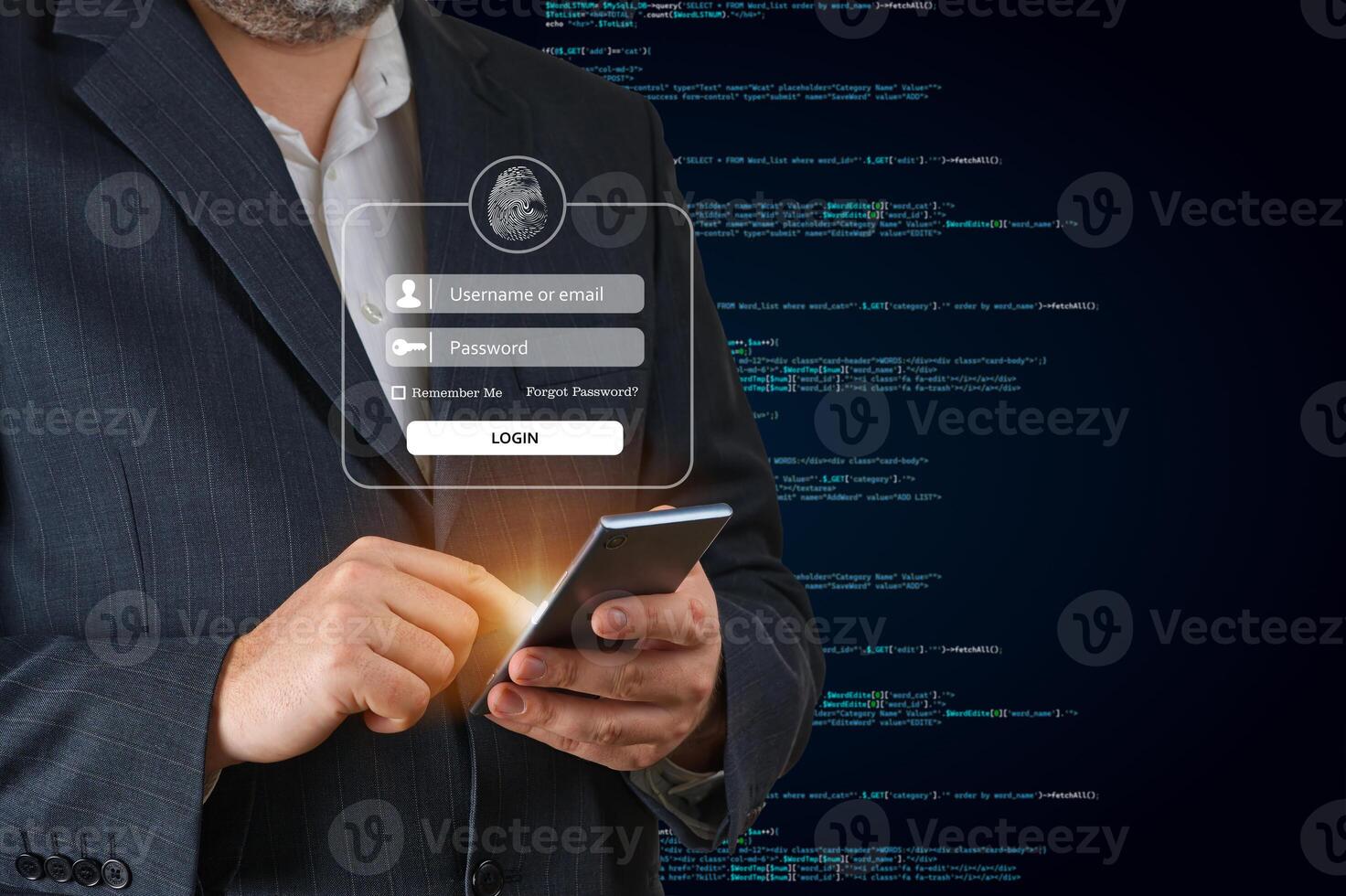 Businessman login using his smartphone. Login to financial applications, identification security photo