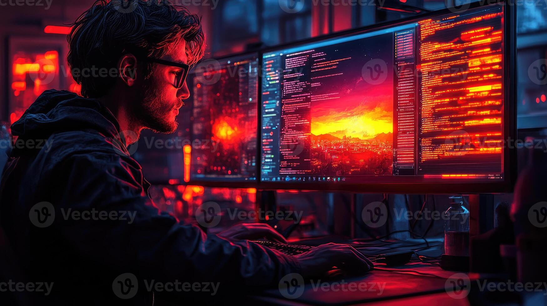 Programmer Working Late On Code In Dark Room photo