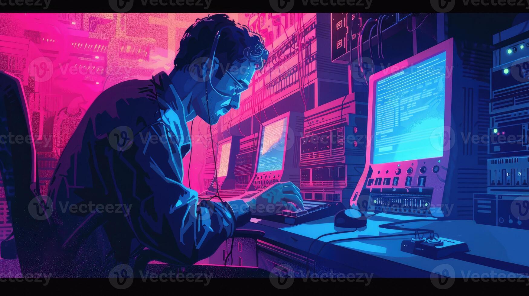 A Programmer Works Late in a Retro Cyber Setting photo