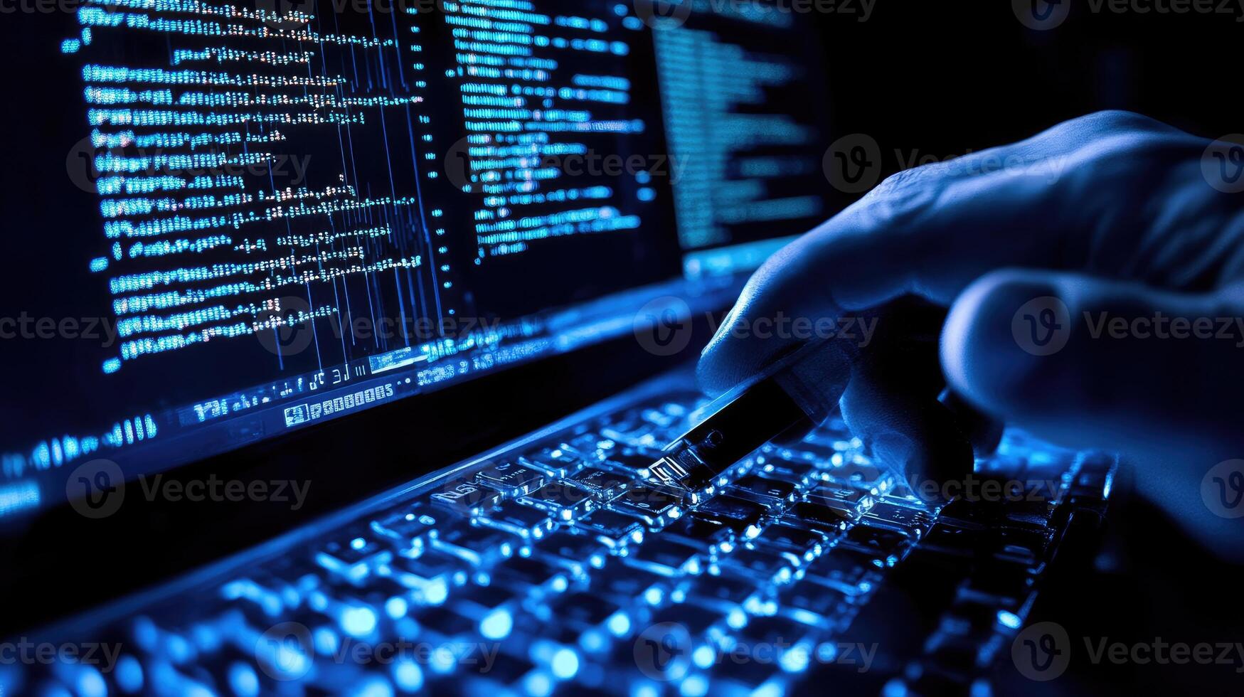 A hand inserts a device into a glowing laptop keyboard photo