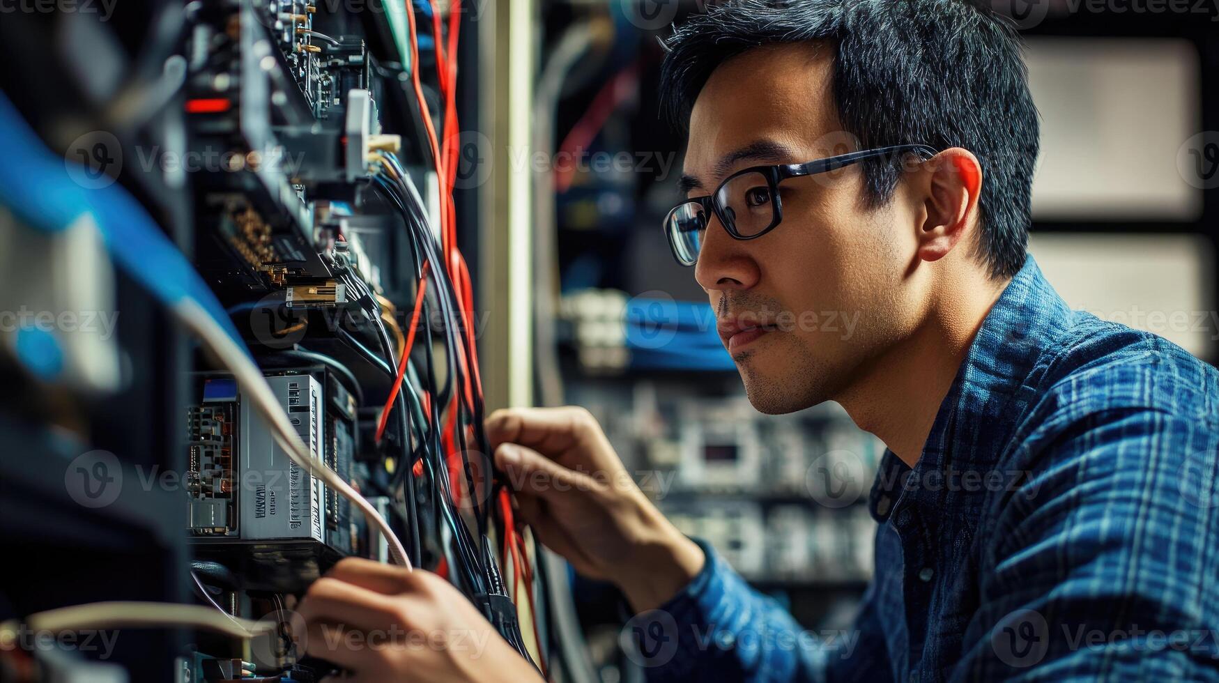 Asian Technician Working on Complex Wiring System photo
