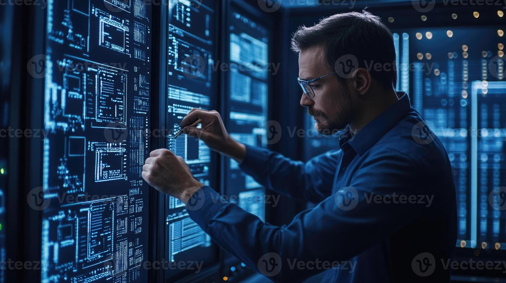 Man Analyzing Data On Large Screens In A Dark Room photo