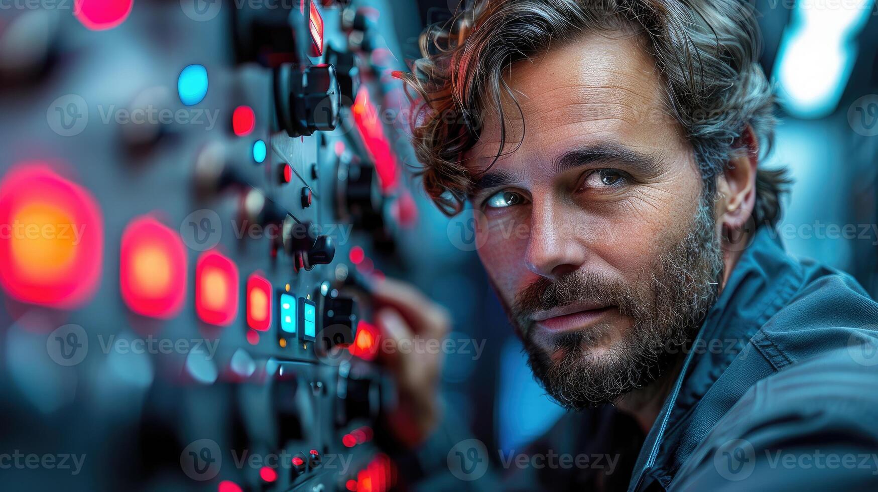 Man with beard operating complex control panel photo