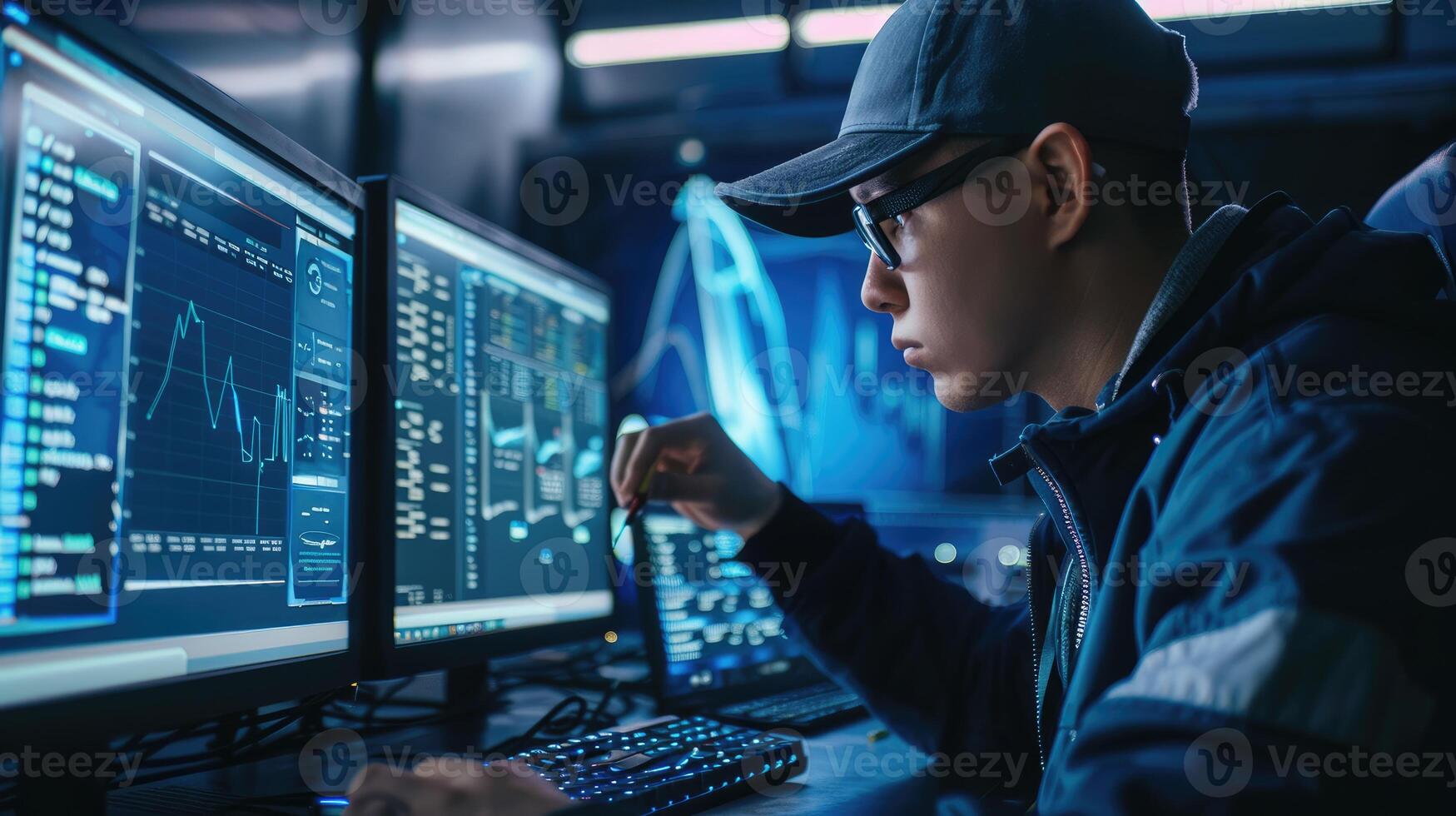 A Young Man Works Late Analyzing Data On Multiple Screens photo