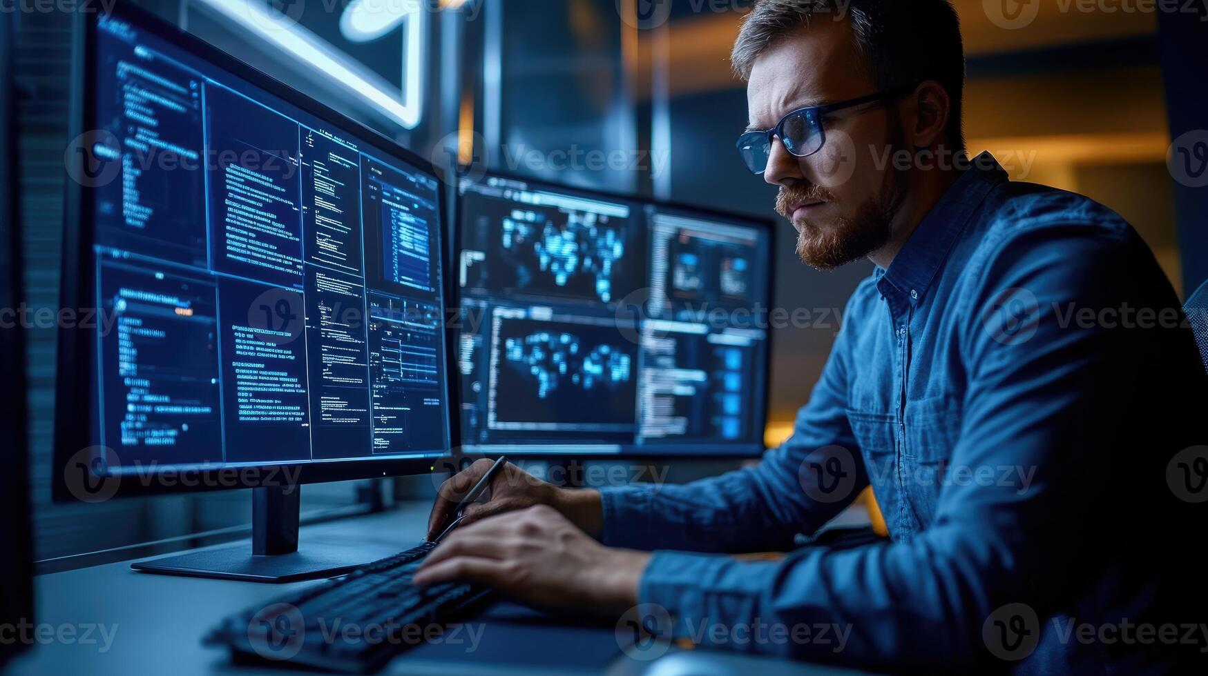 Programmer Working Late on Complex Code Development photo