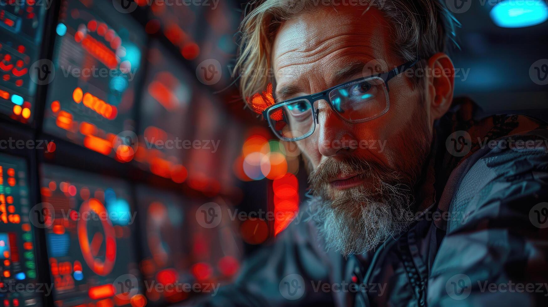 Man with glasses monitoring screens displaying data photo