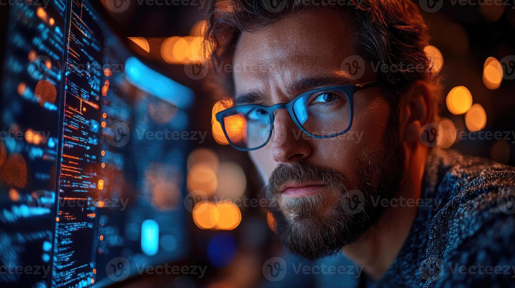 Focused Programmer Working Late On Code photo