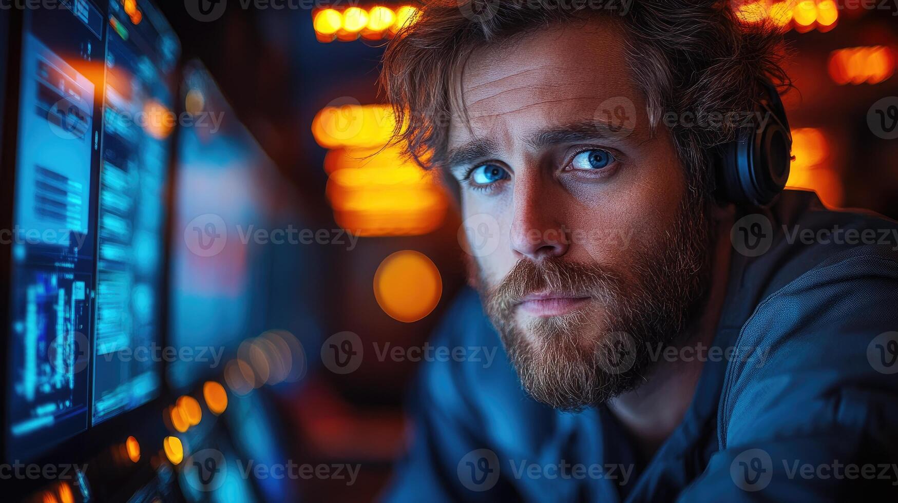 Bearded Man Focused On Computer Screen In Blue Light photo