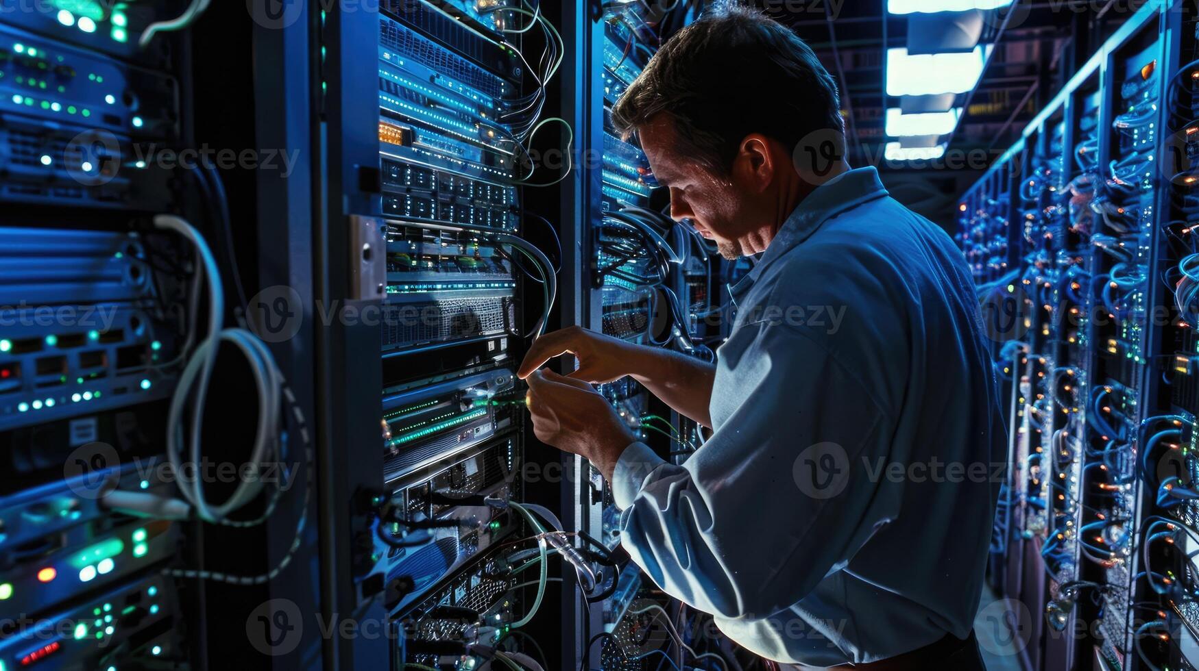 Technician working on server racks in a data center photo