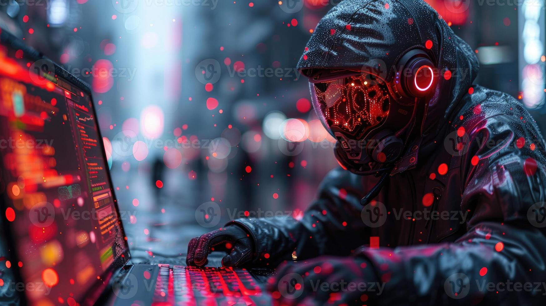 Futuristic Masked Figure Coding on Laptop in City photo