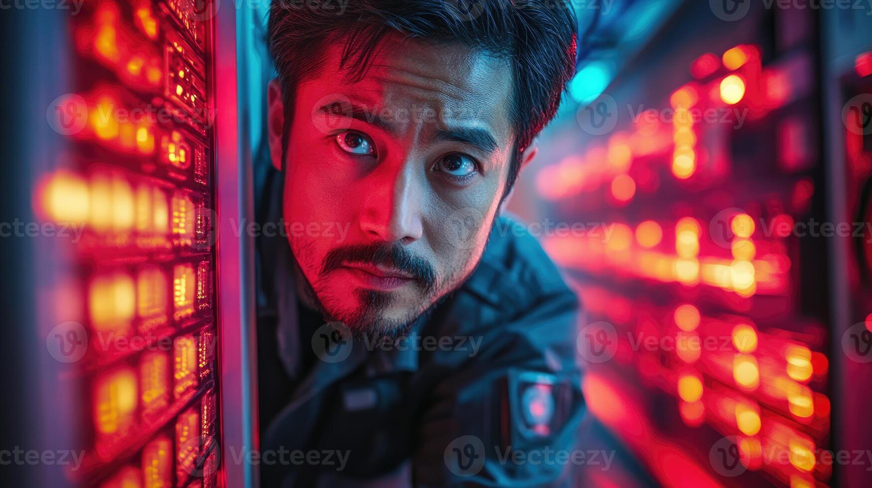 Man examining illuminated server racks in a data center photo