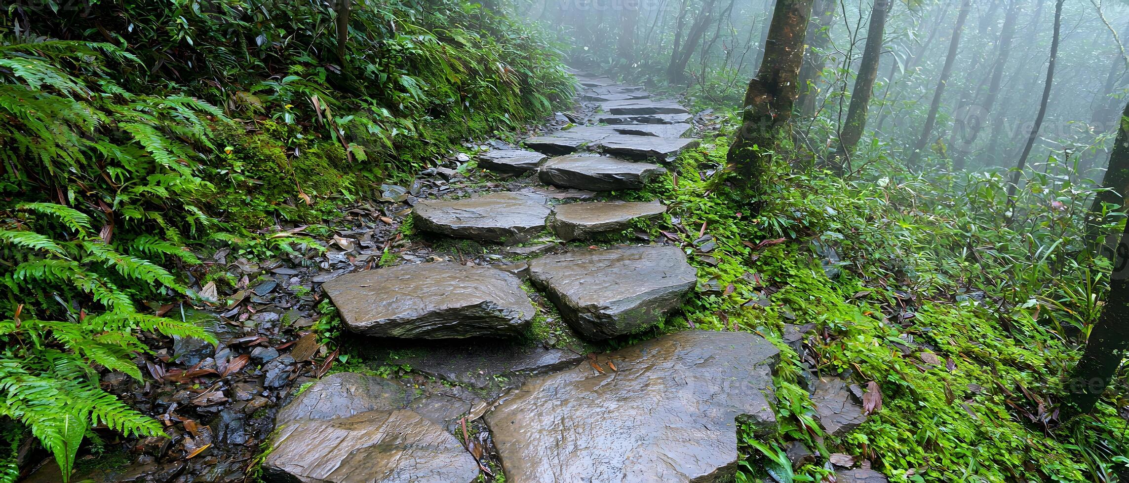 A stone path in a forest with moss growing on the stones36 photo