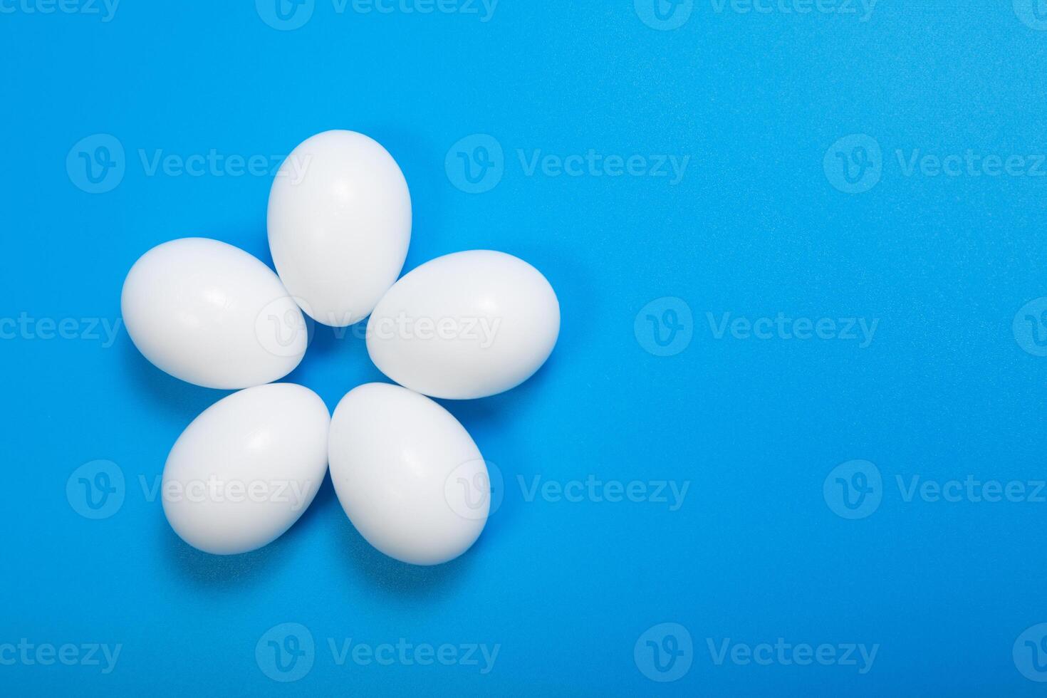 white eggs arranged in a flower shape on a blue background, top view, horizontal format, space for text photo